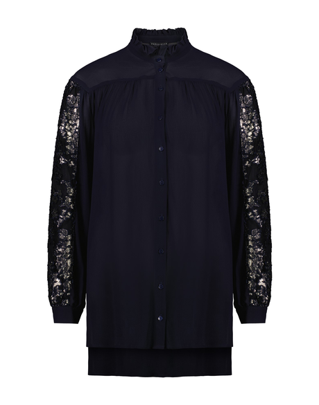 Lace Sleeve Peasant Shirt (Navy)