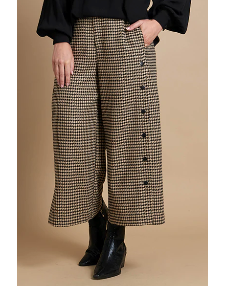 Trousers, Wide Leg, Side Trim (Tan Houndstooth)