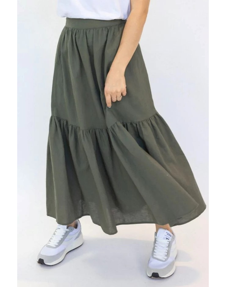 Hope Tiered Linen Midi Skirt (Khaki)