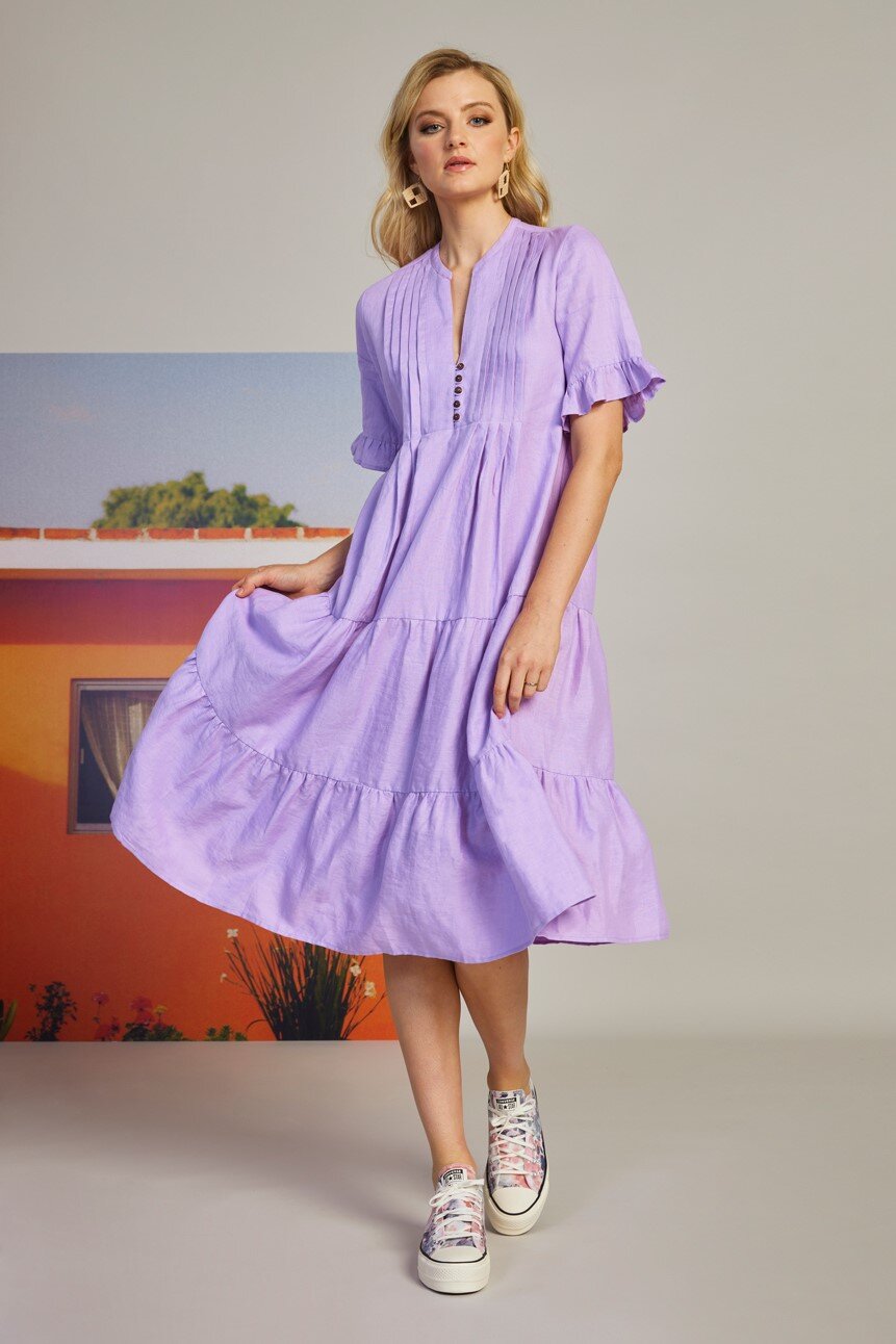 knee length dresses for ladies Meraki Linen Dress with Twisted Plunge Detail main image 1