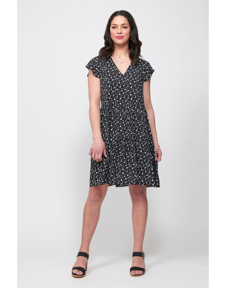 Dress, V Neckline, Ruffle Shoulder (Spotty Dotty)