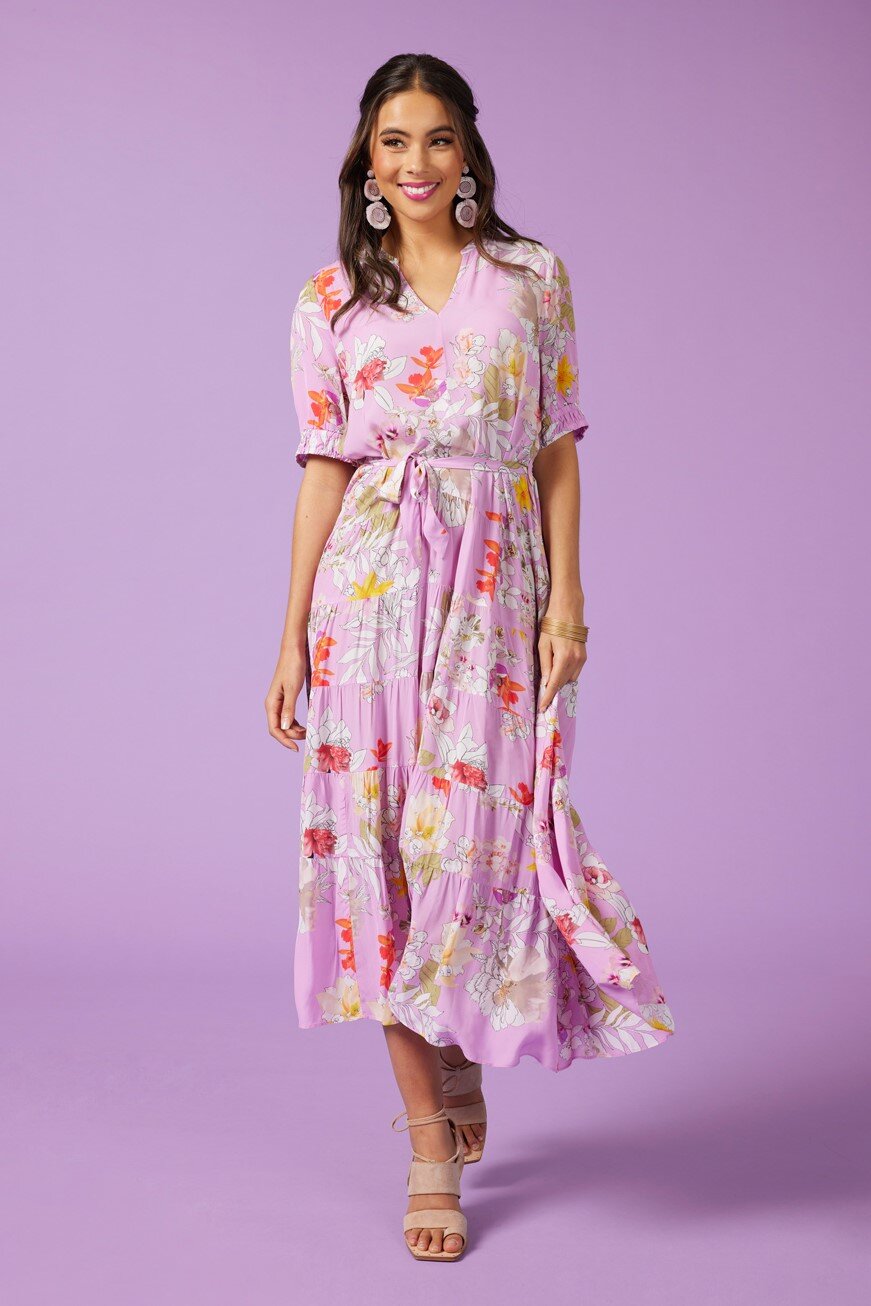 St Lucia Midi Dress Lilac Multi Dresses Just Looking Loobies Story S22 Sale S22