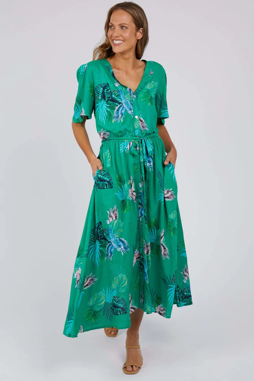 Tropicana Midi Dress (Bright Green Tropical Print) - Dresses : Just Looking  - Elm S22 Sale S22