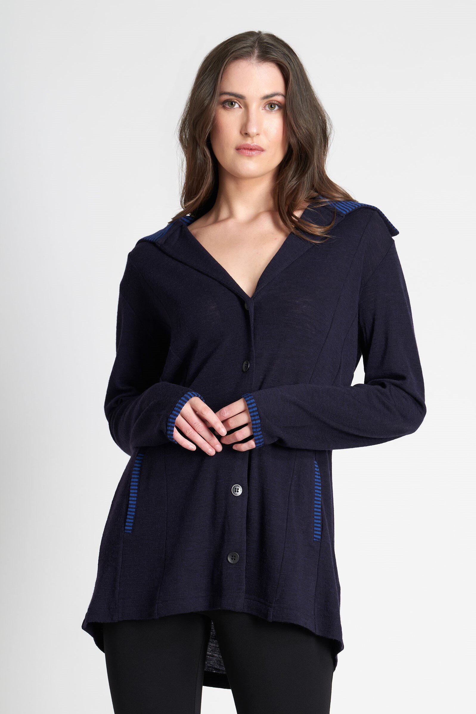 Cardi - Long - Black Merino - Thin Stripe Cuff - Pre-Order main image 1