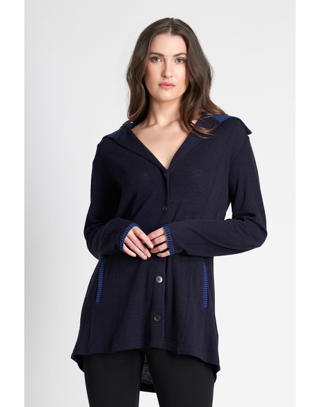 Cardi - Long - Grey Merino - Thin Stripe Cuff - Pre-Order