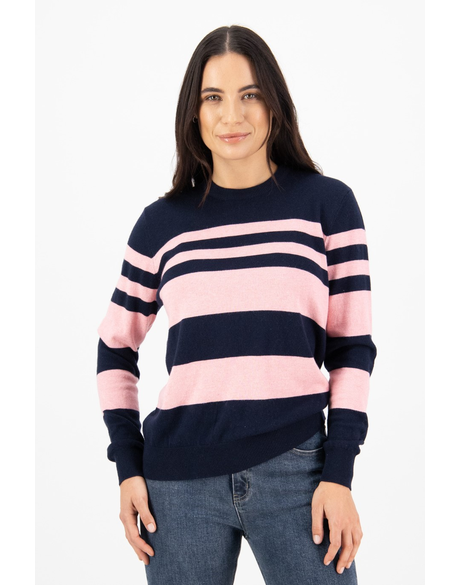 Striped Round Neck Cable-Knit Sweater