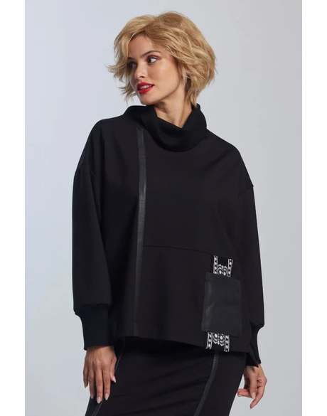 Roma Merino and Leather Trim Sweater (Black)