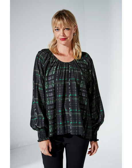 Lourdes Shirred Top (Black Print)