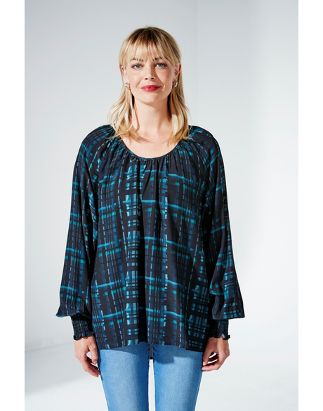 Lourdes Shirred Top (Teal Print)