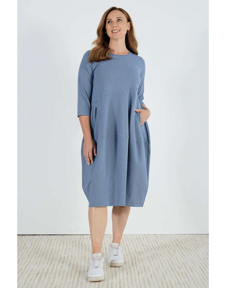 3/4 Stripe Diagonal Seam Dress (Lt Blue Stripe)