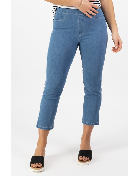 Slim Leg 7/8 Length Lightweight Denim Pull On (Mid Wash)