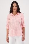 Button Front Shirt w/ Tab Sleeve (Coral Check)