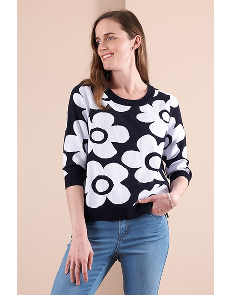 Jumper - Boxy, Floral (True Navy/White)
