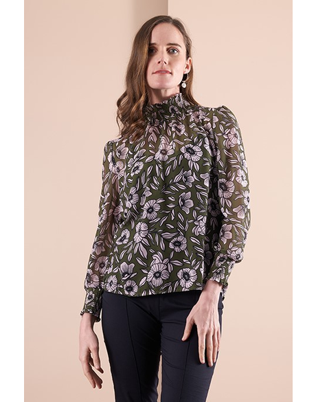 Blouse - Smocked Neck & Cuff (Floral Sketch Moss)