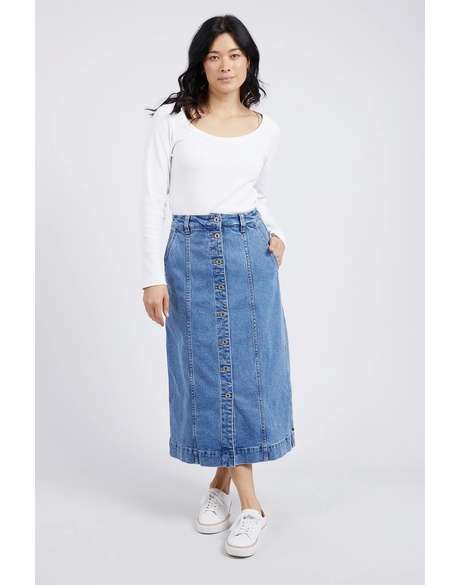 Florence Button Thru Denim Skirt (Mid Blue Denim)