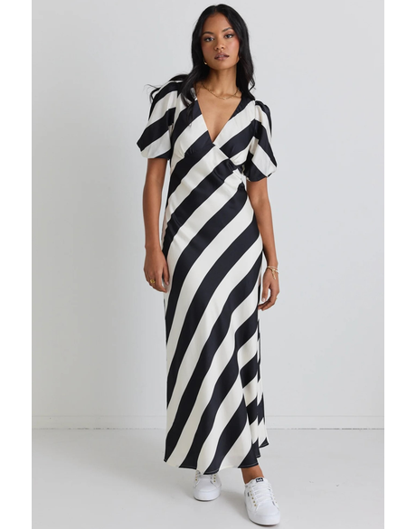 Amora Black White Stripe SS Bias Midi Dress