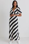 Amora Black White Stripe SS Bias Midi Dress