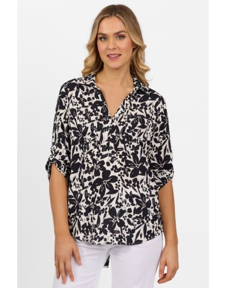 Open Placket Shirt with Button Tab Sleeve 