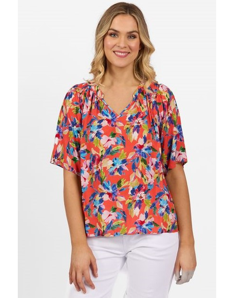 Short Sleeve V Neck Top with Shirred Shoulders 