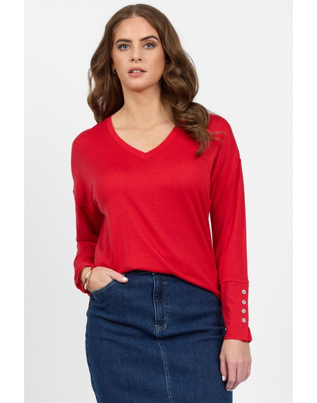 Merino V Neck Top with Button Cuff Detail