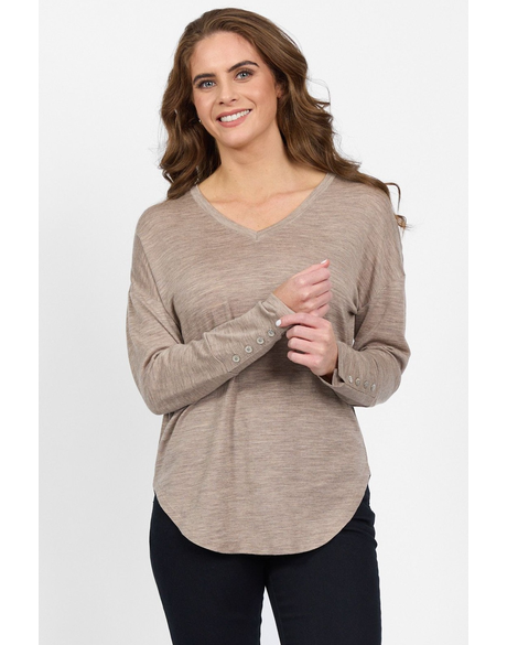Merino V Neck Top with Button Cuff Detail