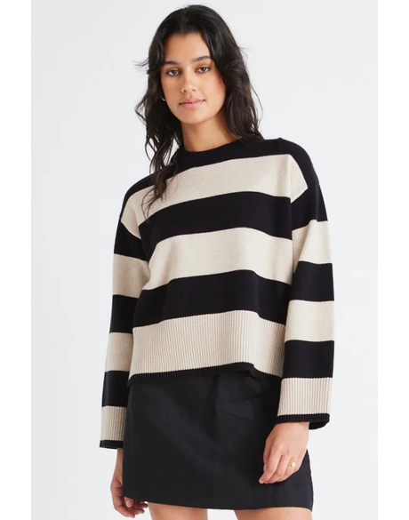 Gravity Black Stone Stripe Crew Neck Knit Jumper 
